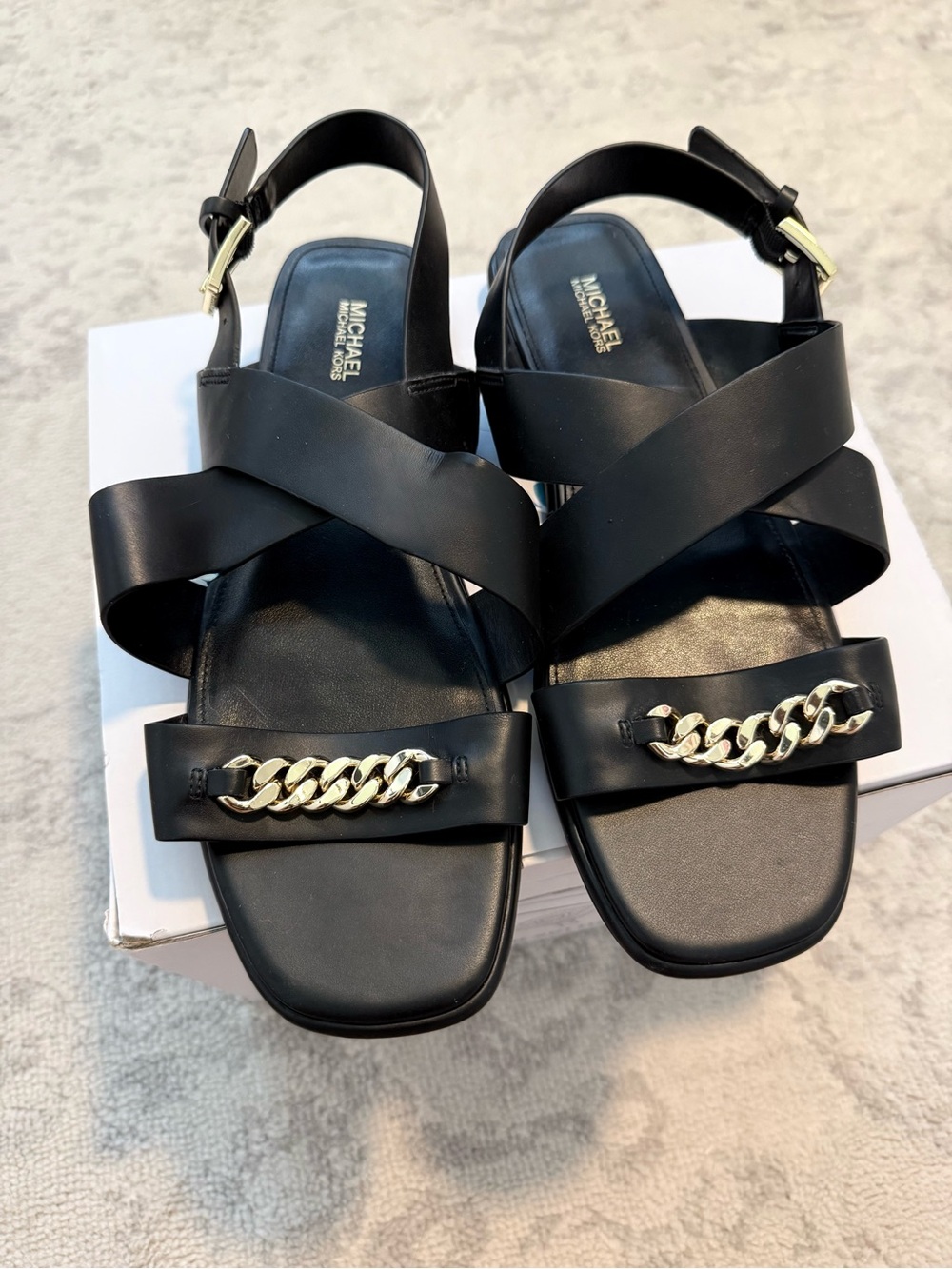 Michael Kors Black Leather Chain-Detail Slingback Sandals